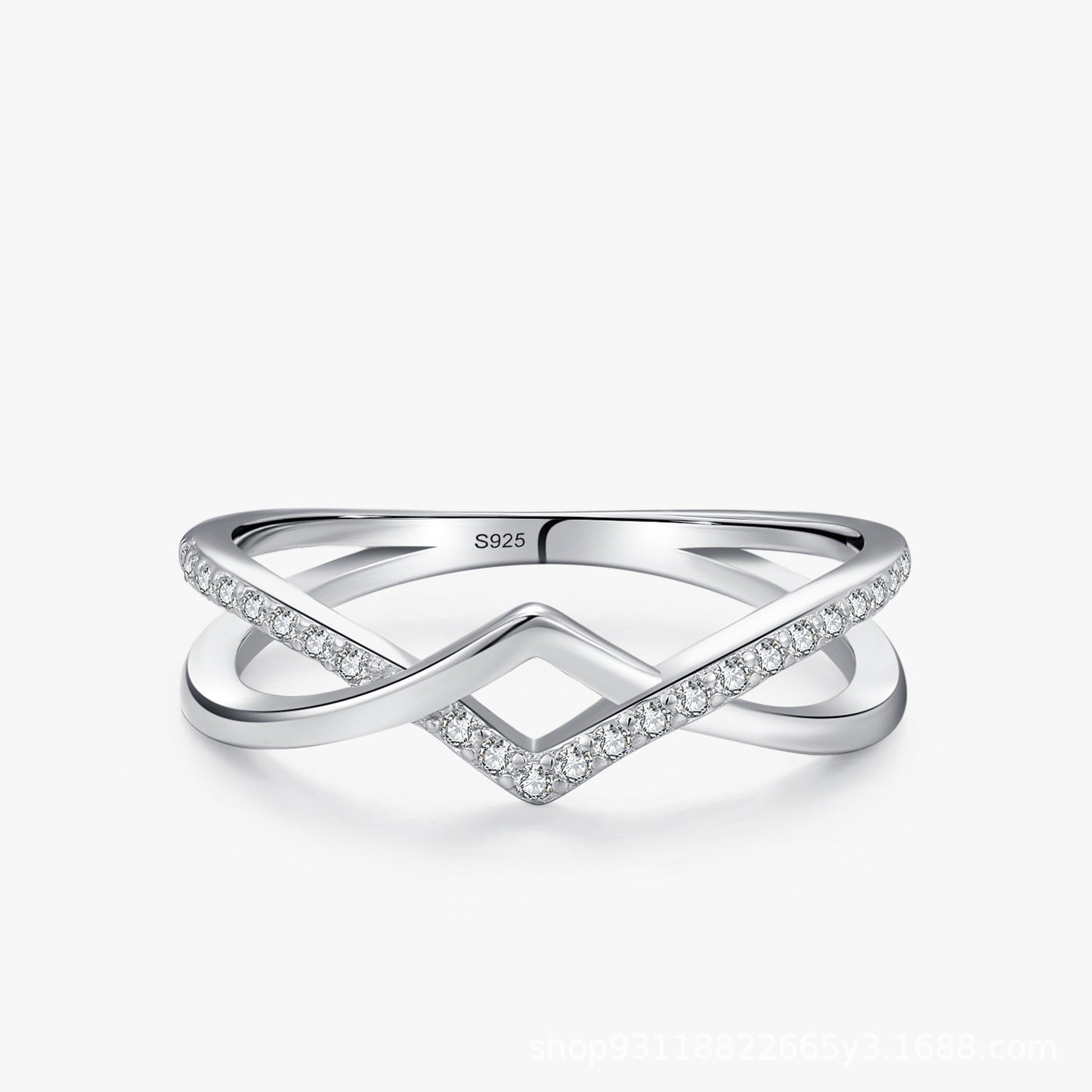 Bague en argent sterling double couche géométrique en forme de V sertie de diamants