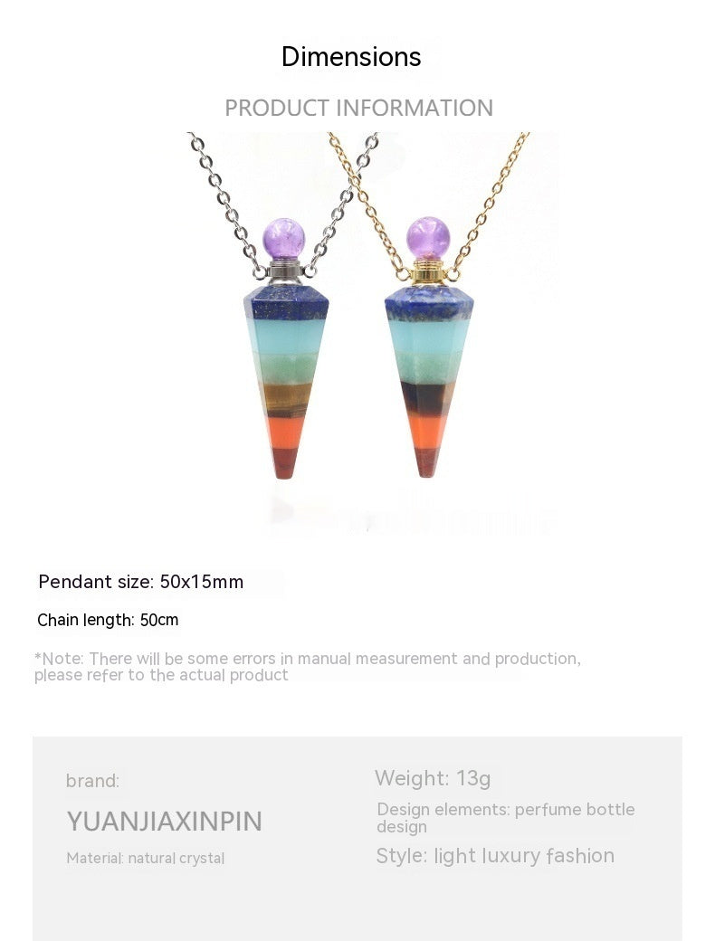 Collier pendentif en pierre de cristal naturelle, couture de sept couleurs, cône Hexagonal, bouteille d'huile essentielle de parfum