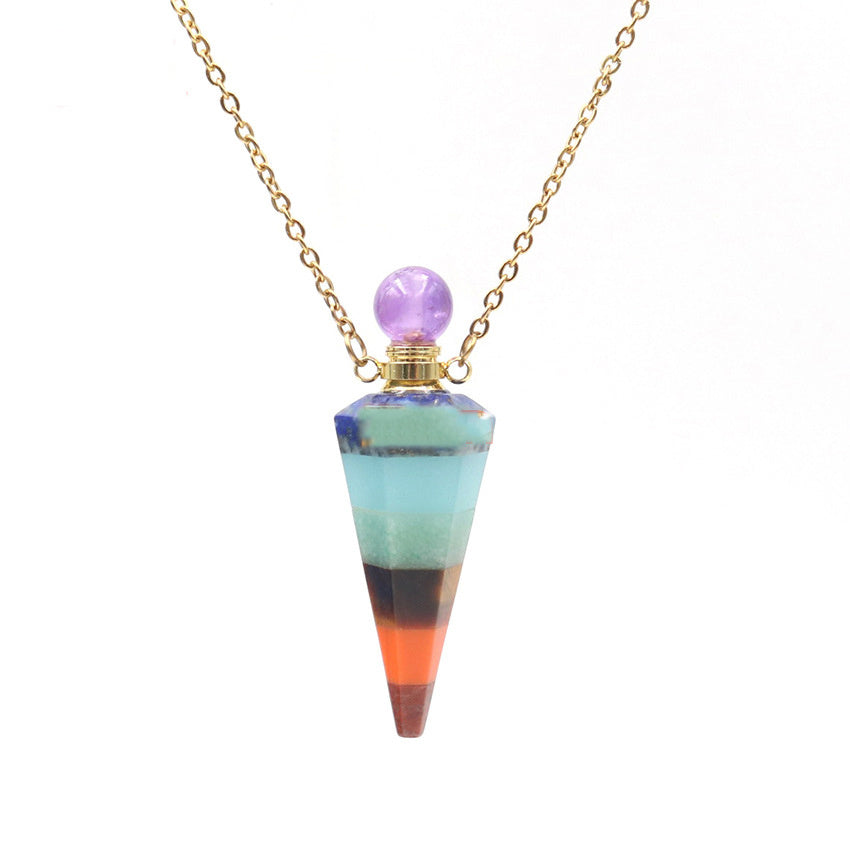 Collier pendentif en pierre de cristal naturelle, couture de sept couleurs, cône Hexagonal, bouteille d'huile essentielle de parfum