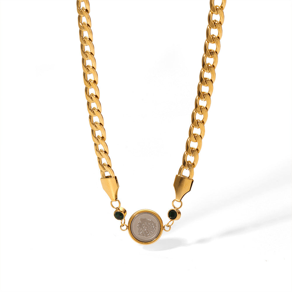 Cuban Link Chain Round Pendant Inlaid Zircon Necklace