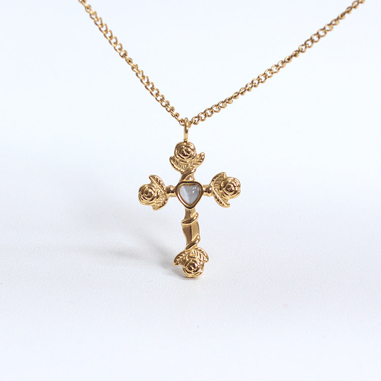 Collier avec pendentif croix en acier et titane doré français, pierre incrustée