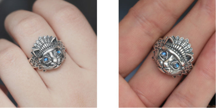 Anillo vintage con gato indio y piedra lunar para hombre