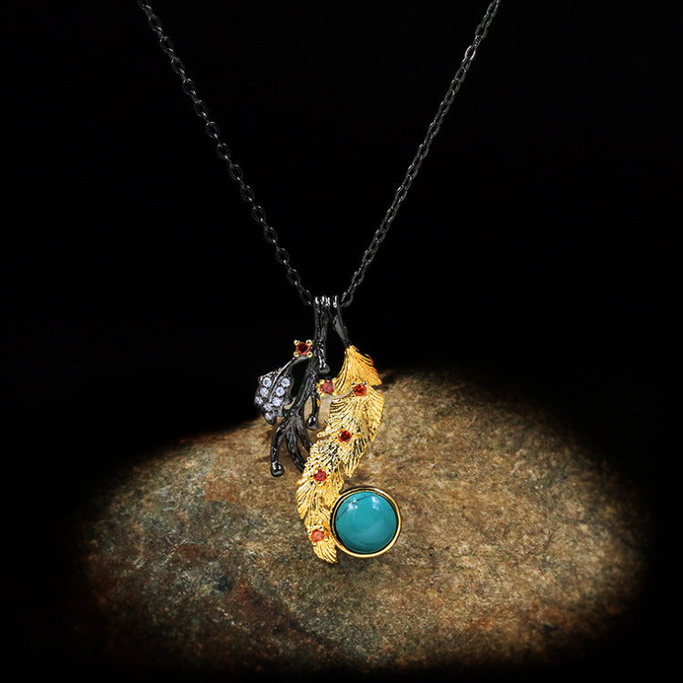 Plant Flower Series Two-color Black Gold Turquoise Ring Necklace