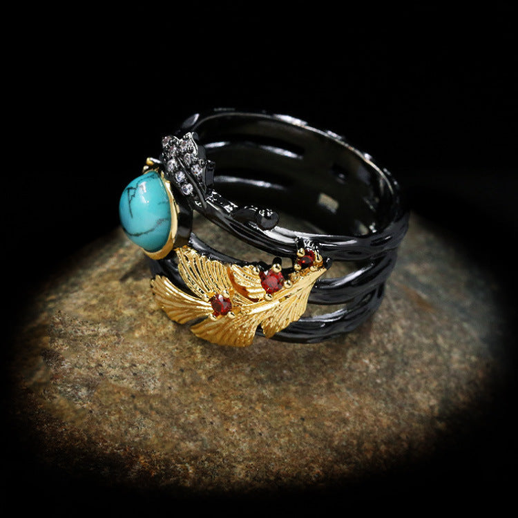 Plant Flower Series Two-color Black Gold Turquoise Ring Necklace