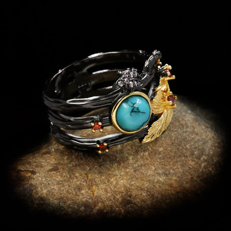 Plant Flower Series Two-color Black Gold Turquoise Ring Necklace