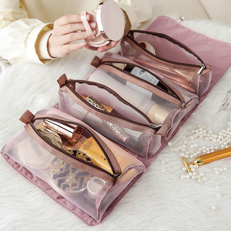 Bolsa de cosméticos 4 Uds en 1 para mujer, bolsa de cosméticos Separable de malla con cremallera, bolsa de nailon plegable para mujer, bolsa de maquillaje con cuerda