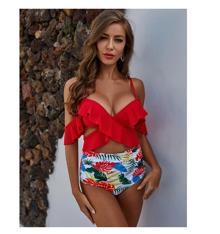 New Sexy Ruffled High Waist Bikini Women's Cross Swimsuit Off-shoulder Bikini Suit Swimsuit Summer Beachwear
