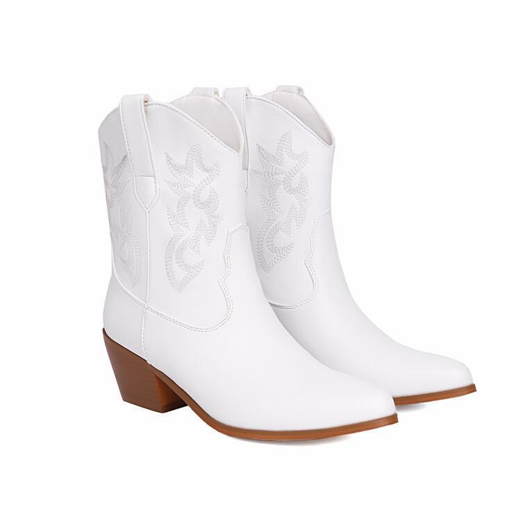 Botas hasta la rodilla con bordado de charol espejo Tacón alto grueso con bordado a media pantorrilla puntiagudo