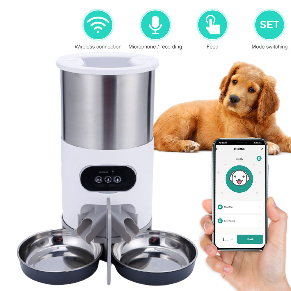 Alimentador inteligente para mascotas, dispensador automático de comida para gatos y perros, tazón de acero inoxidable, con sincronización de grabación, alimentación