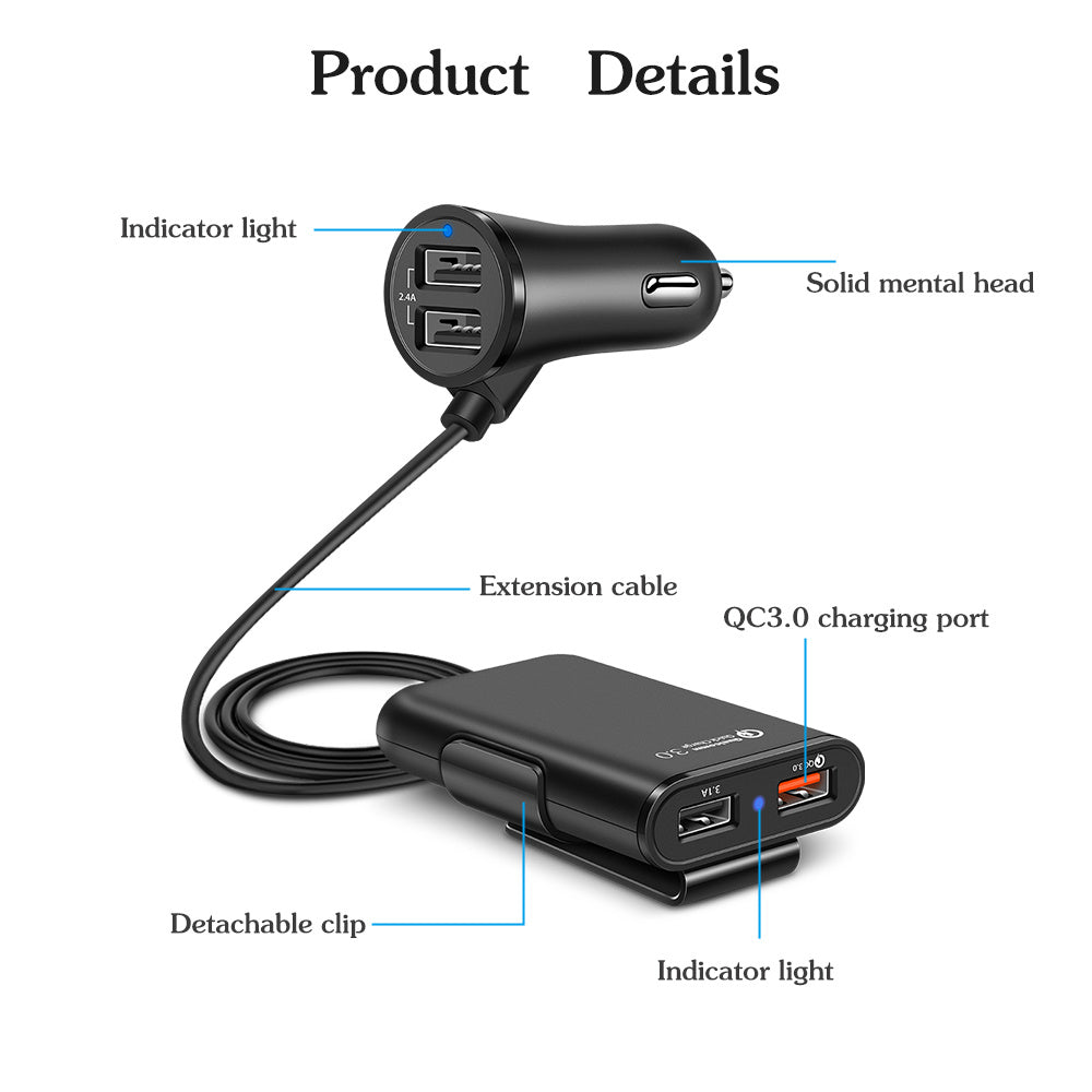 Compatible With  Back Seat Car Charger QC3.0 2.4A3.1A 4 USB Car Charger With Cable A Clip