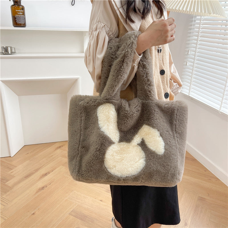 Sac en peluche oreilles de lapin de dessin animé mignon, sac à bandoulière d'automne et d'hiver, sacs à main de Shopping grande capacité, fourre-tout personnalisé pour femmes