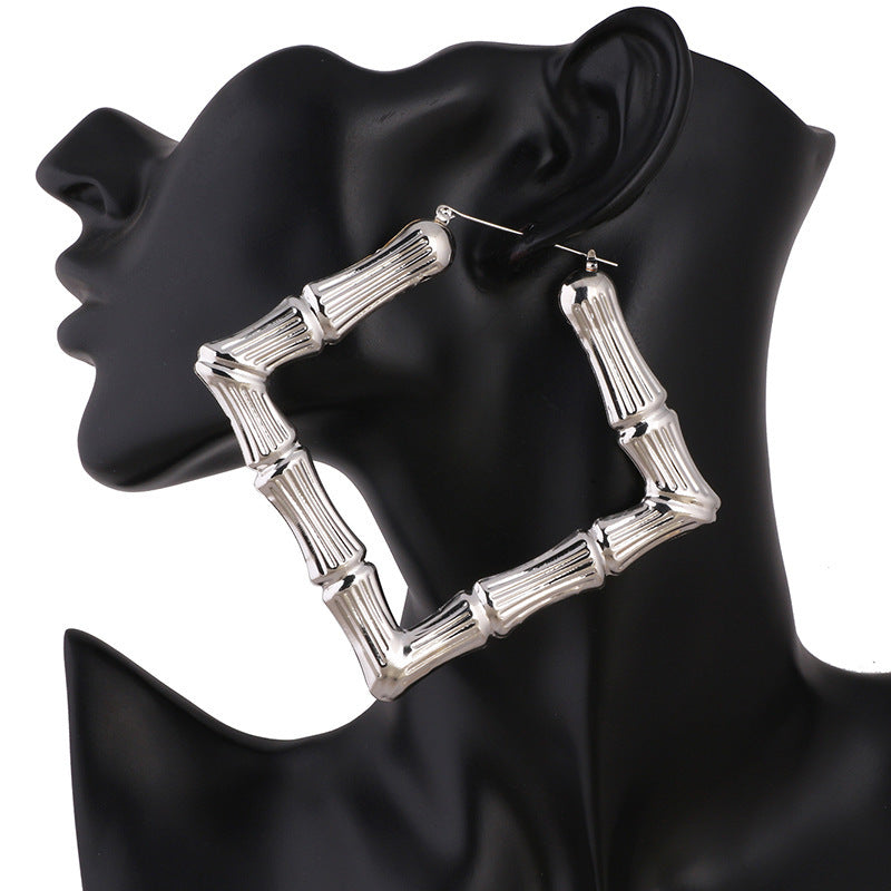 Boucles d'oreilles en bambou doré, grandes formes carrées exagérées, de forme européenne et américaine