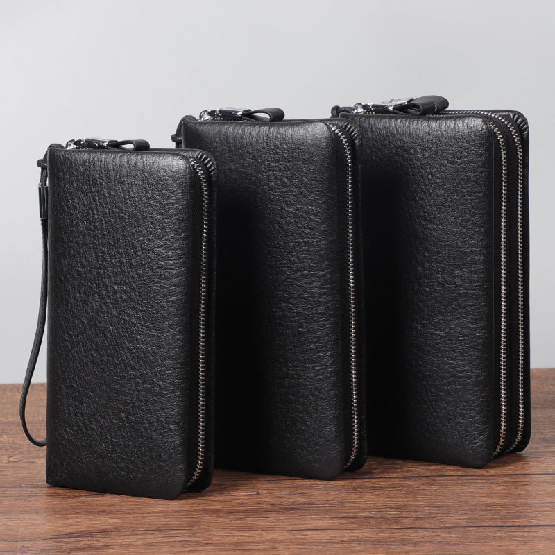 Bolso de mano con cremallera y cartera larga de grano de avestruz para hombre