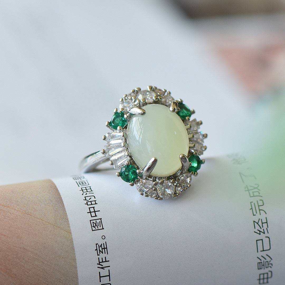 Bague de Surface d'œuf de Jade blanc incrusté de mode pour femmes 925
