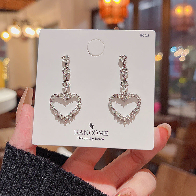 Boucles d'oreilles en argent Sterling pour femmes, aiguille scintillante, strass complets, cœur d'amour, Ins