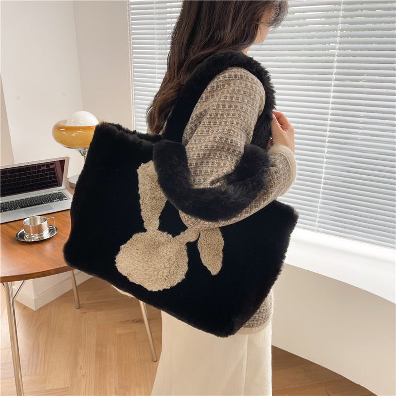 Sac en peluche oreilles de lapin de dessin animé mignon, sac à bandoulière d'automne et d'hiver, sacs à main de Shopping grande capacité, fourre-tout personnalisé pour femmes