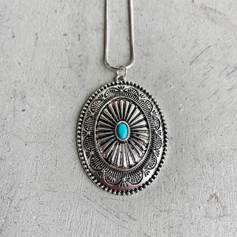 Ethnic Style Retro Jewelry Simple Turquoise Pumpkin Flowers Metal Long Chain
