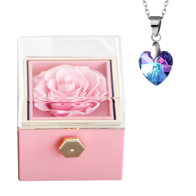 Rotatable Preserved Fresh Flower Necklace And Rose Box Suit