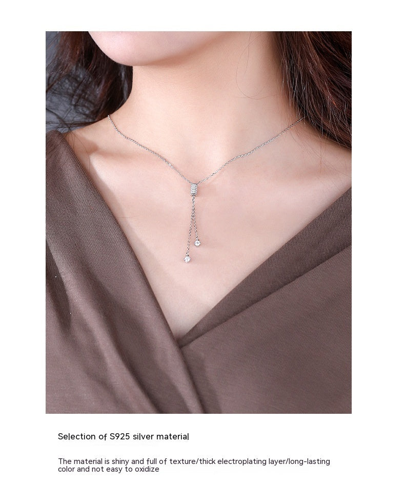 S925 Sterling Silver Diamond-studded Necklace Female Simple Sweater Chain