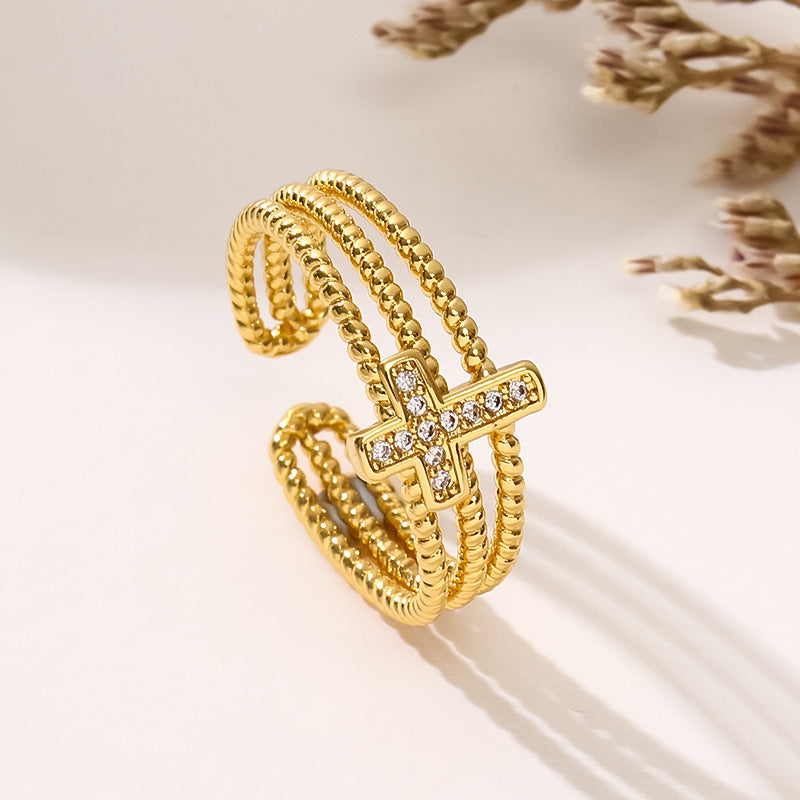 Bague géométrique croisée en Zircon creux à trois couches pour femmes, placage de cuivre en or 18 carats