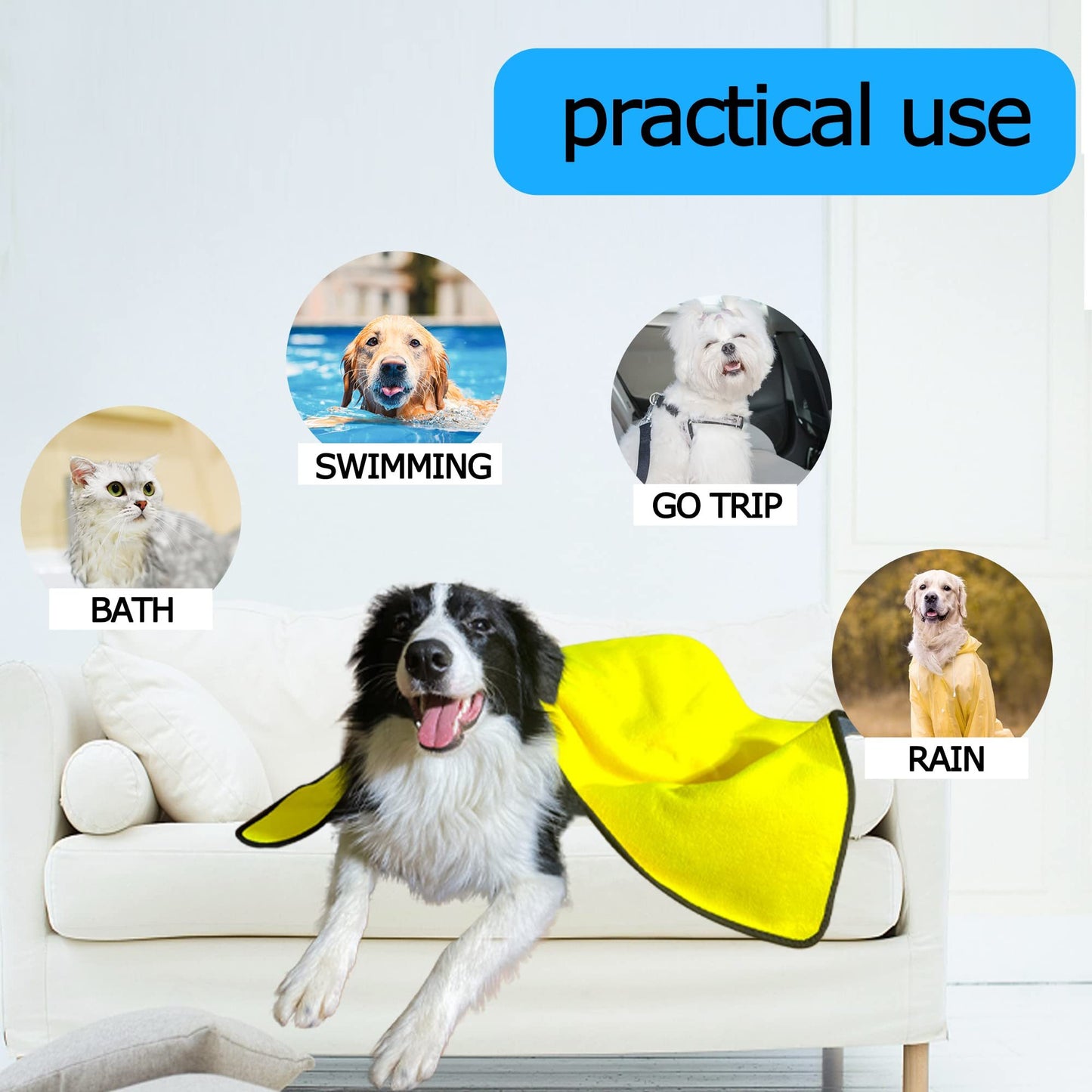Serviettes pour chiens pour sécher les chiens, serviette de bain pour chien, serviettes pour chiens et chats à séchage rapide, serviettes en fibres douces, super absorbantes, serviette en microfibre douce à séchage rapide pour chiens, chats jaune