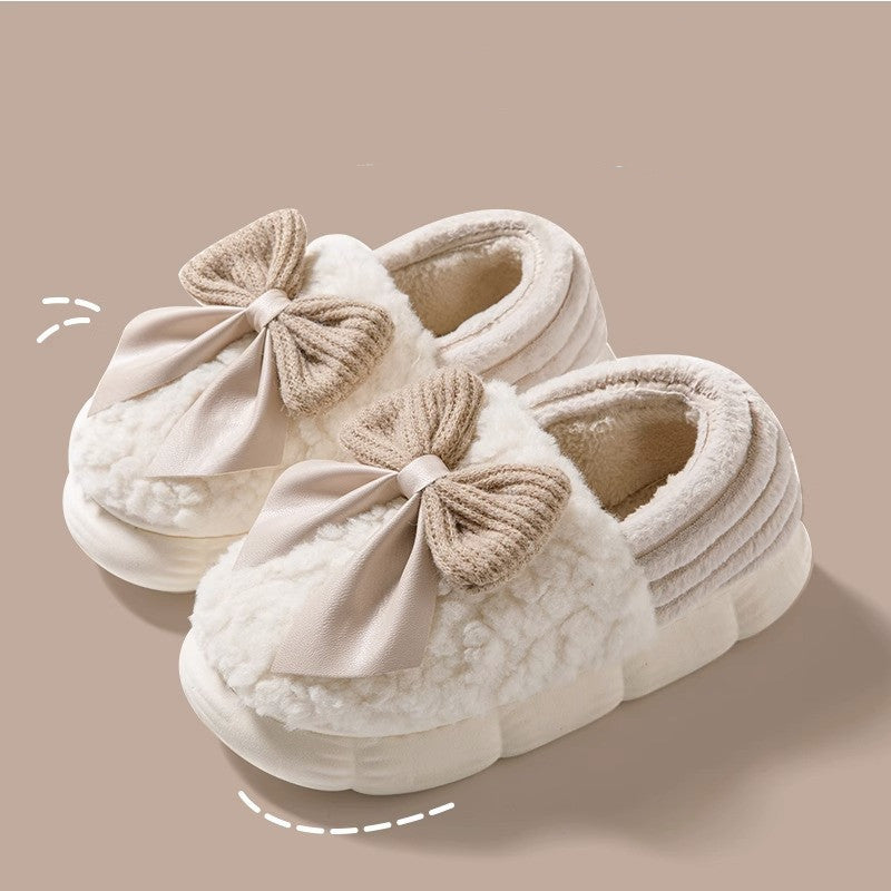 Zapatillas mullidas con Nudo De Lazo Grande Zapatos De Algodón con Tacón Cubierto Cálido De Invierno Zapatillas De Plataforma De Suela Gruesa De Moda Zapatos para Caminar En El Jardín Interior Y Exterior