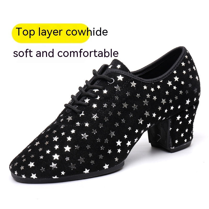Dancing PA – chaussures de danse latine pour enseignante, en daim, en peau de vache, carrées, fond souple, ciel étoilé