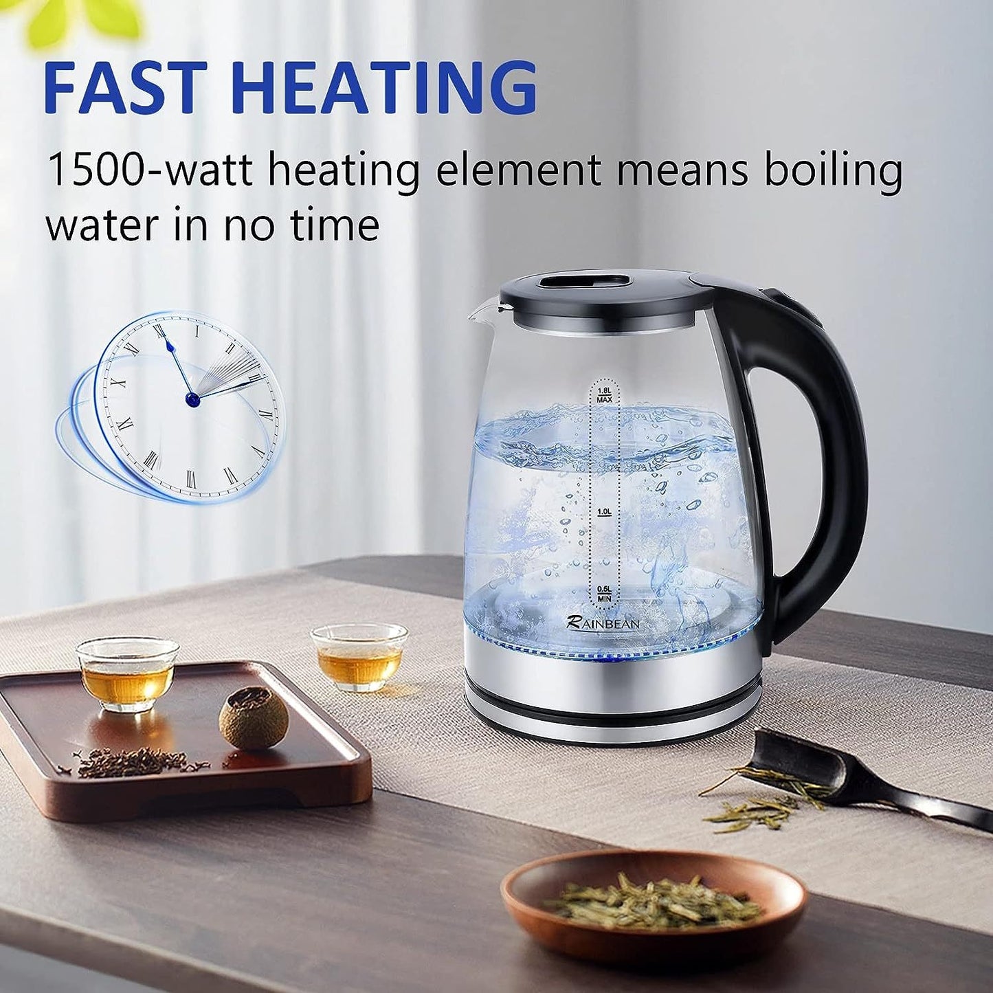Hervidor eléctrico de agua, hervidor de té eléctrico de 1,8 l, caldera de agua caliente de apertura amplia con luz LED, apagado automático y protección de ebullición en seco, vidrio negro