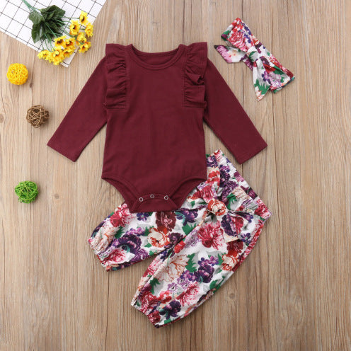 Zinnia ensemble 3 pièces nouveau-né bébé filles rouge hauts solide barboteuse pantalon à fleurs bandeau tenues automne ensemble vêtements 