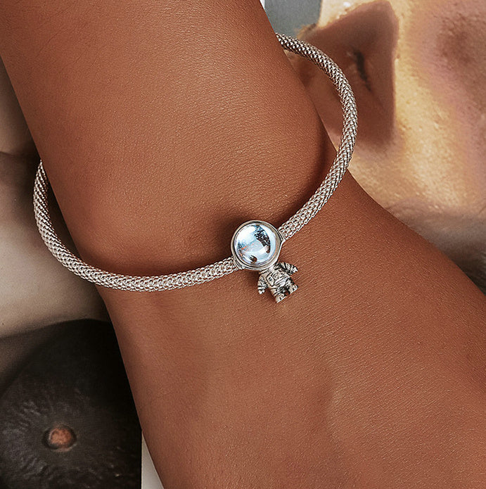 Pulsera de plata de ley S925 con cuentas de astronauta, cuentas simples de circonita para aventuras espaciales