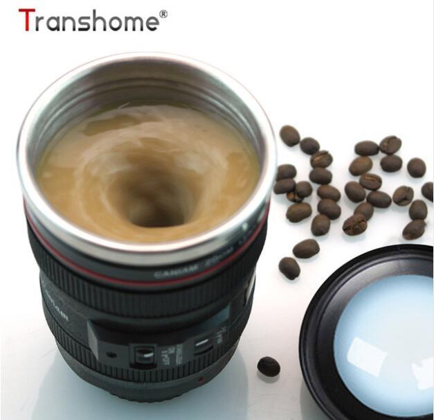 Transhome créatif auto-remuant tasse caméra lentille tasses 300ml batterie Style acier inoxydable lait café tasses pour voyage sportif 