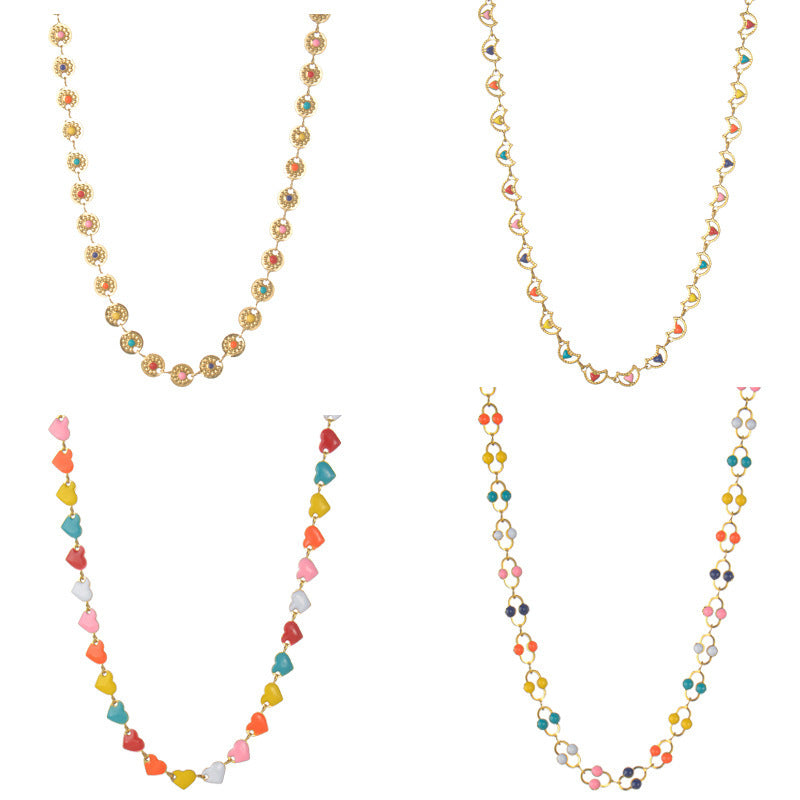 Collar de cadena con costura de tarjeta redonda, corazón de aceite Fengcai Simple, Partysu japonés y coreano