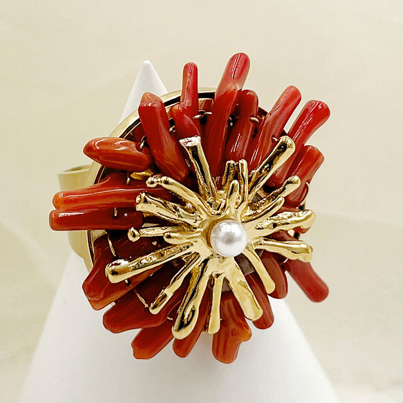 Anneau de fleur de Zircon en cristal blanc de corail en métal d'acier inoxydable