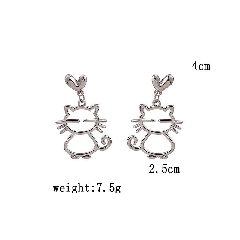 Boucles d'oreilles en métal à aiguille argentée, tempérament de chat mélancolique, asymétriques simples