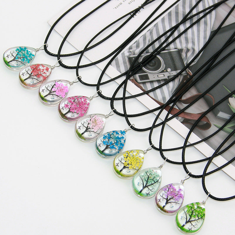 Collar de cadena de cuero con flores secas para niña Mori, diente de león, trébol de cuatro hojas, árbol de la suerte hecho a mano