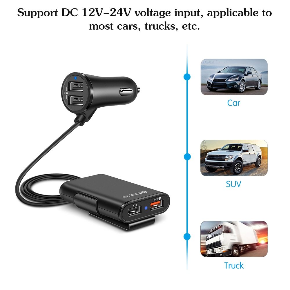 Compatible With  Back Seat Car Charger QC3.0 2.4A3.1A 4 USB Car Charger With Cable A Clip