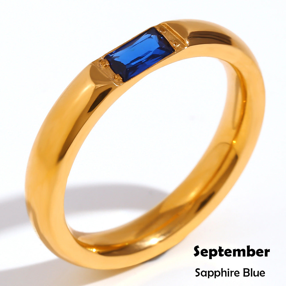 Stainless Steel Plated 18K Gold Rectangular Zircon Birthstones Ring