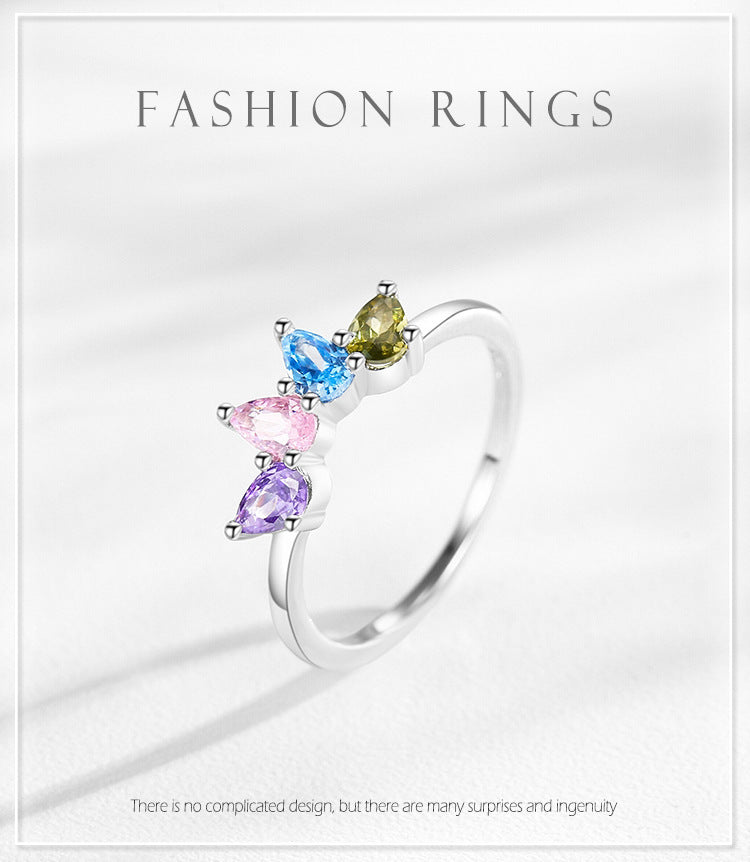 Women's S925 Sterling Silver Drop-shaped Color Zircon Ring