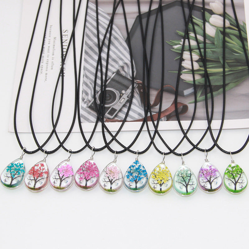 Collar de cadena de cuero con flores secas para niña Mori, diente de león, trébol de cuatro hojas, árbol de la suerte hecho a mano