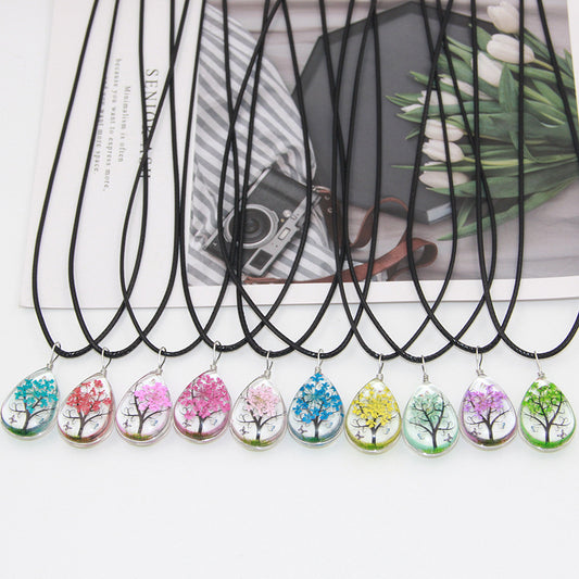 Collier en cuir avec fleurs séchées, arbre porte-bonheur, trèfle à quatre feuilles, pissenlit, Mori Girl, fait à la main