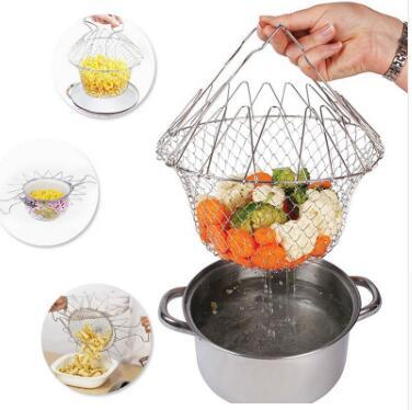 Panier à frire en acier inoxydable multifonction pliable, panier de cuisine de chef, outil de cuisine flexible pour le lavage des aliments frits, fruits et légumes