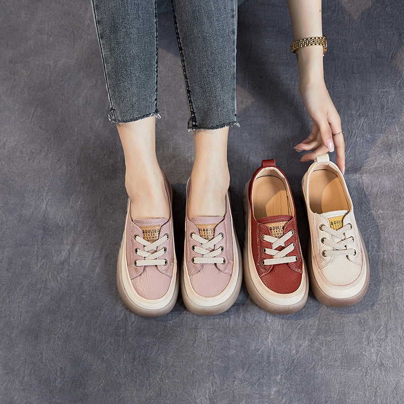 Escarpins à bouche peu profonde en cuir de vache véritable pour femme, chaussures décontractées à plateforme en caoutchouc, première couche