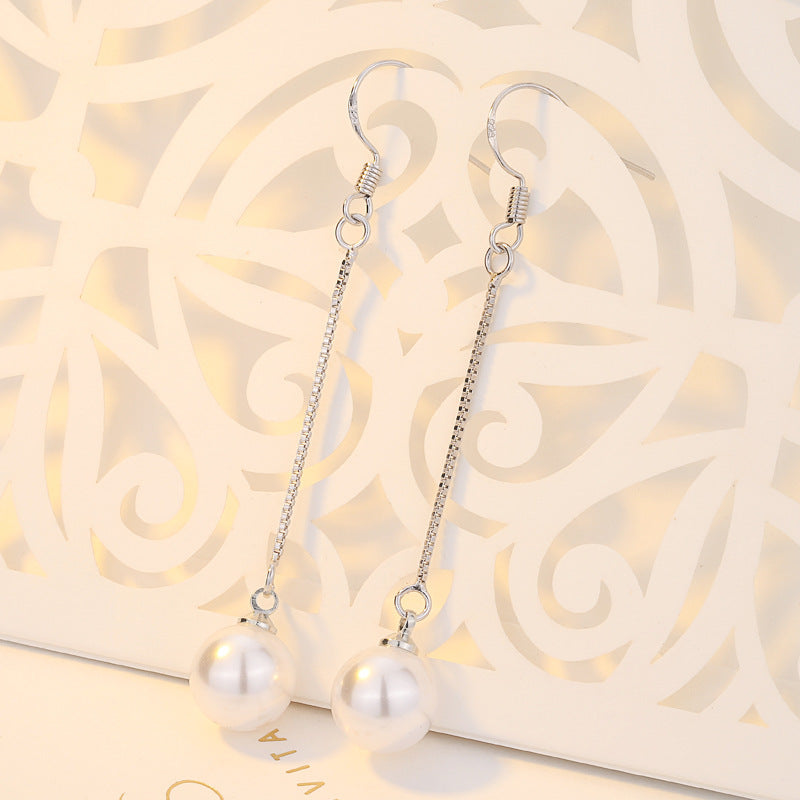 Pearl Shell Pearl Stud Earrings Silver Plated Tassel Jewelry Long Earrings