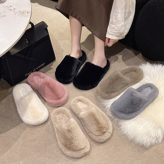Pantoufles à bout fermé vêtements d'extérieur pour femmes, peluche à fond plat de grande taille
