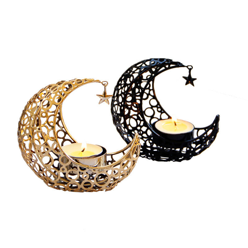 Luz de lujo luna creciente estrella Luna negro oro portavelas de Metal moderno romántico boda Navidad vela taza decoración del hogar