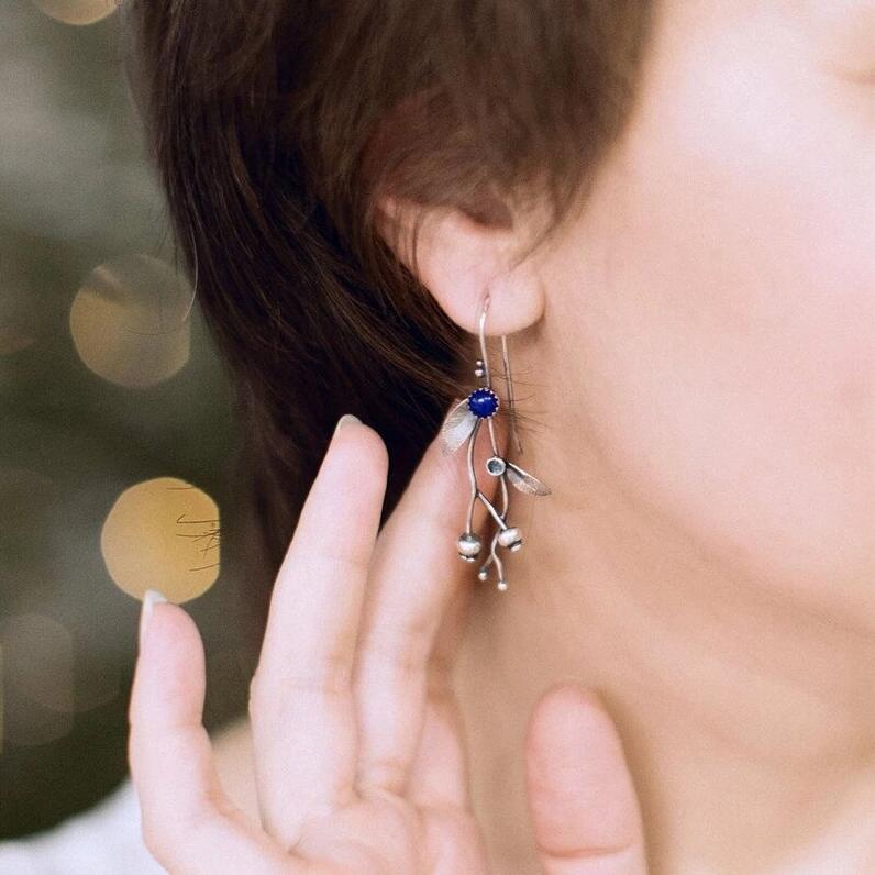 Boucles d'oreilles Vintage Branches de vigne, feuilles simples européennes et américaines, perles en pierre bleue, crochets d'oreille