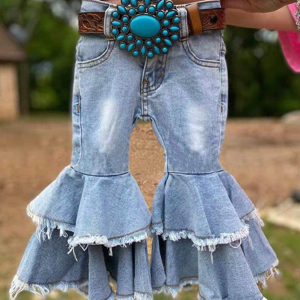 Vente en gros de vêtements en denim pour enfants léopard à double volant