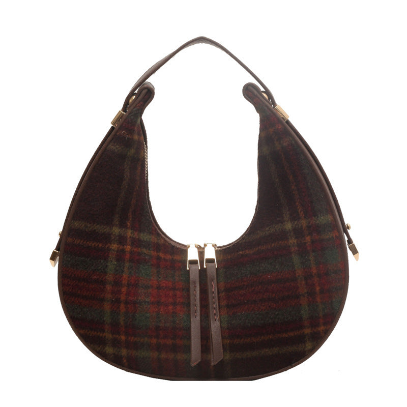 Women's Fashion Color Contrast Plaid Retro Hand Carrying Dumpling Bag