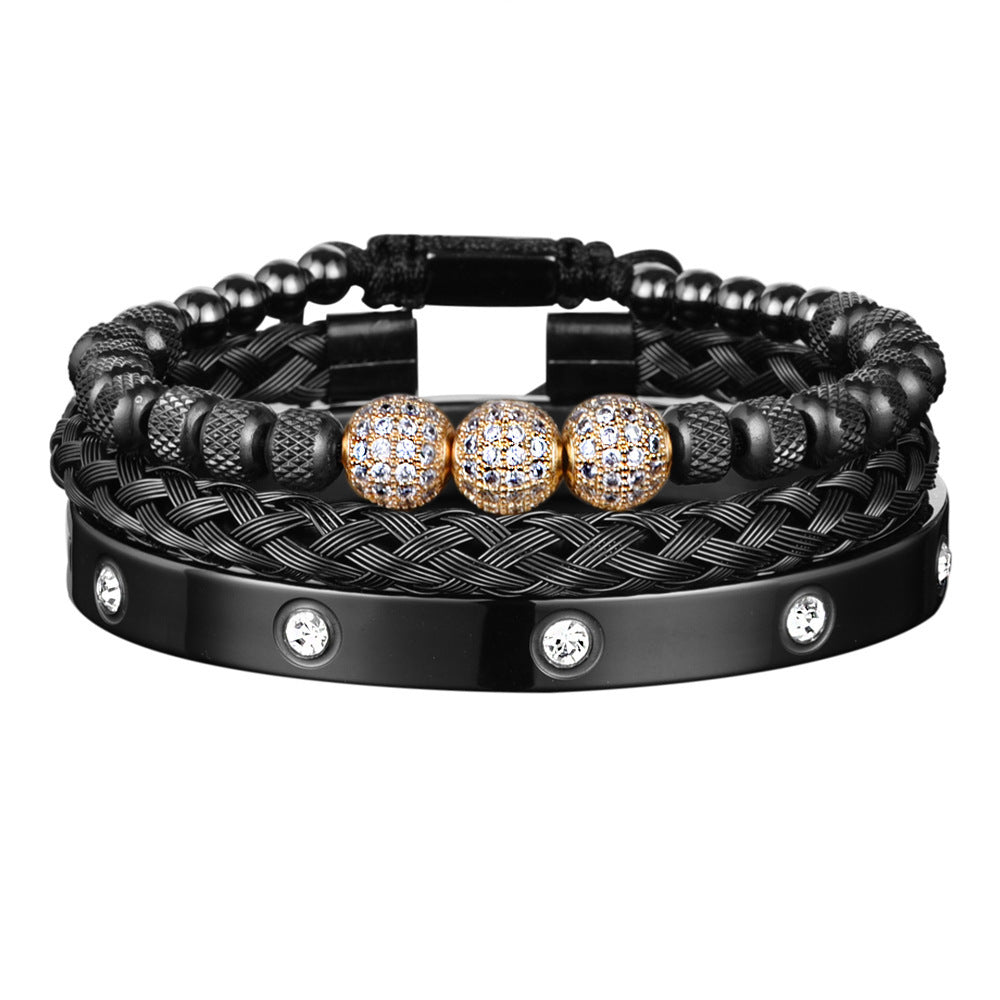 Bracelet en maille d'acier inoxydable, 3 boules de strass, dix diamants