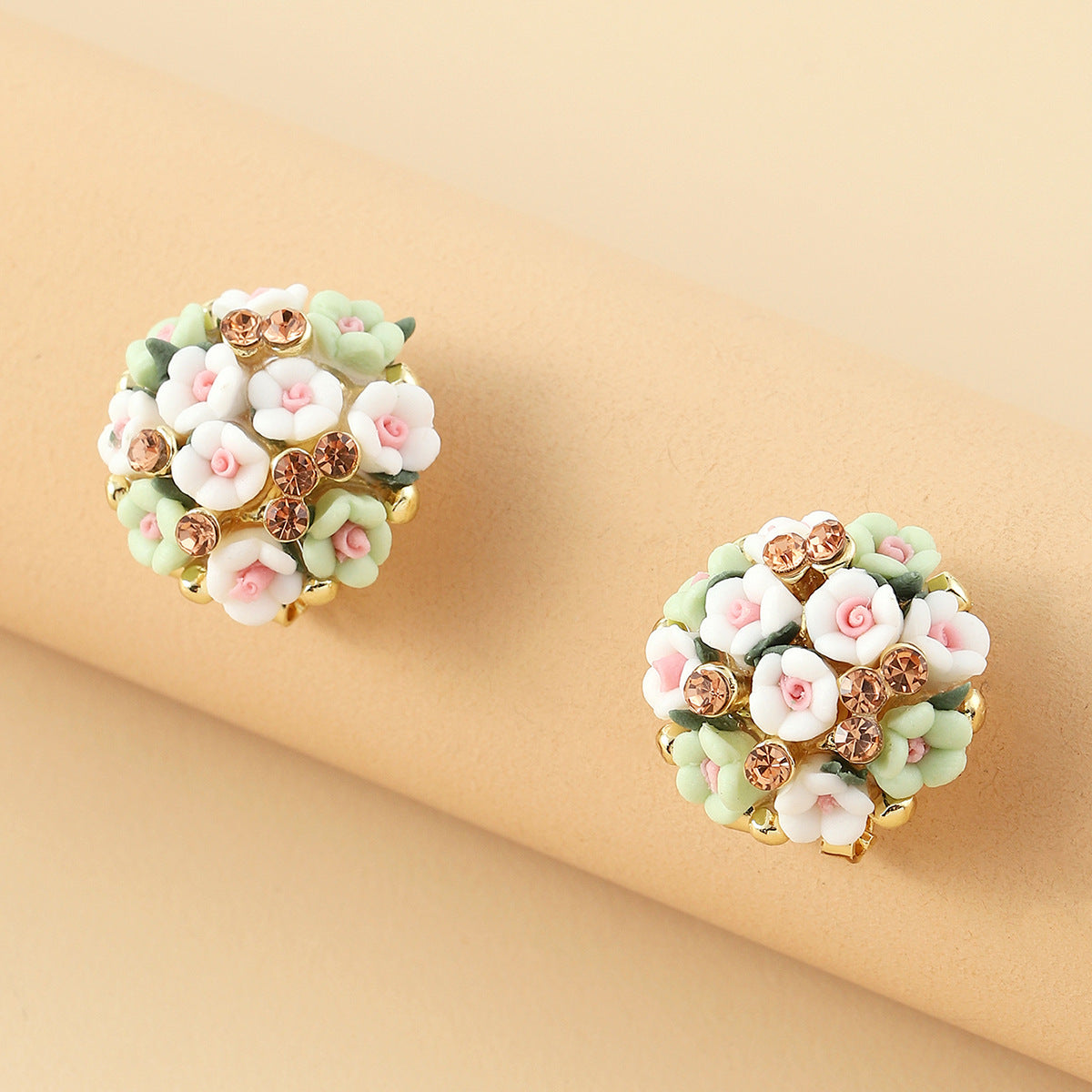 Romantic Ceramic Flower Rose Diamond Metal Alloy Earrings
